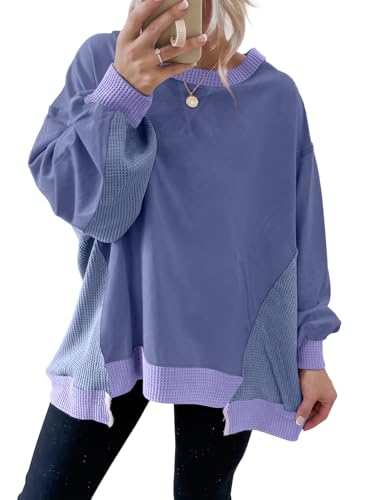 SHEWIN Women's Casual Crew Neck Waffle Knit Sweatshirt Ivy