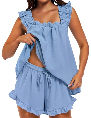 SIMIYA Women's 2-Piece Ruffle Pajama Set - Blue