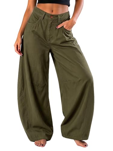 EXLURA Womens Faux Linen Barrel Pants Baggy Wide Leg
