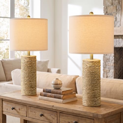 27" Boho Table Lamps Set of 2, Resin Wicker Rattan